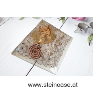 Orgonit Pyramide Mondstein & Blume des Lebens & Herkimer Kristall & Spirale